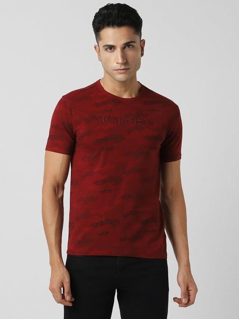v dot red cotton slim fit printed t-shirt