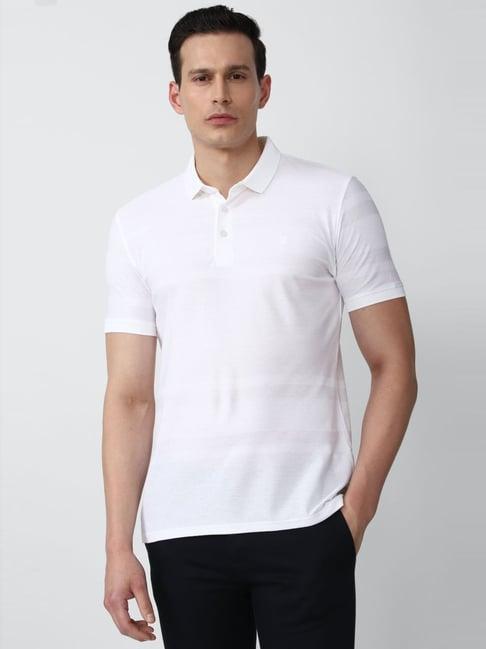 v dot white cotton slim fit striped polo t-shirt