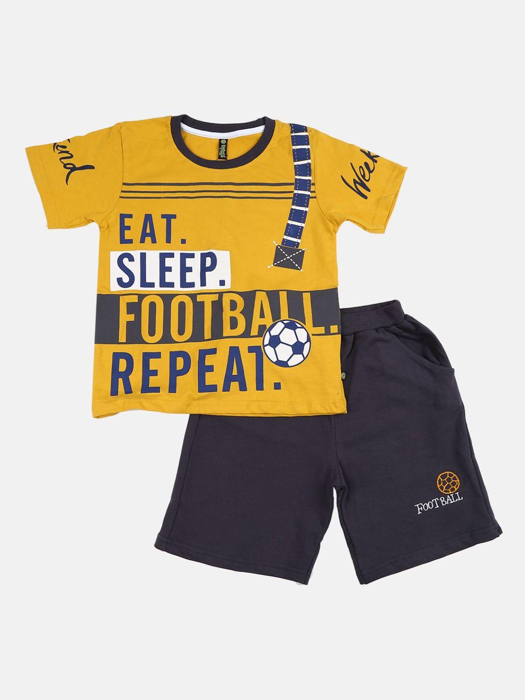 v-mart  kids mustard & navy blue printed pure cotton t-shirt with shorts