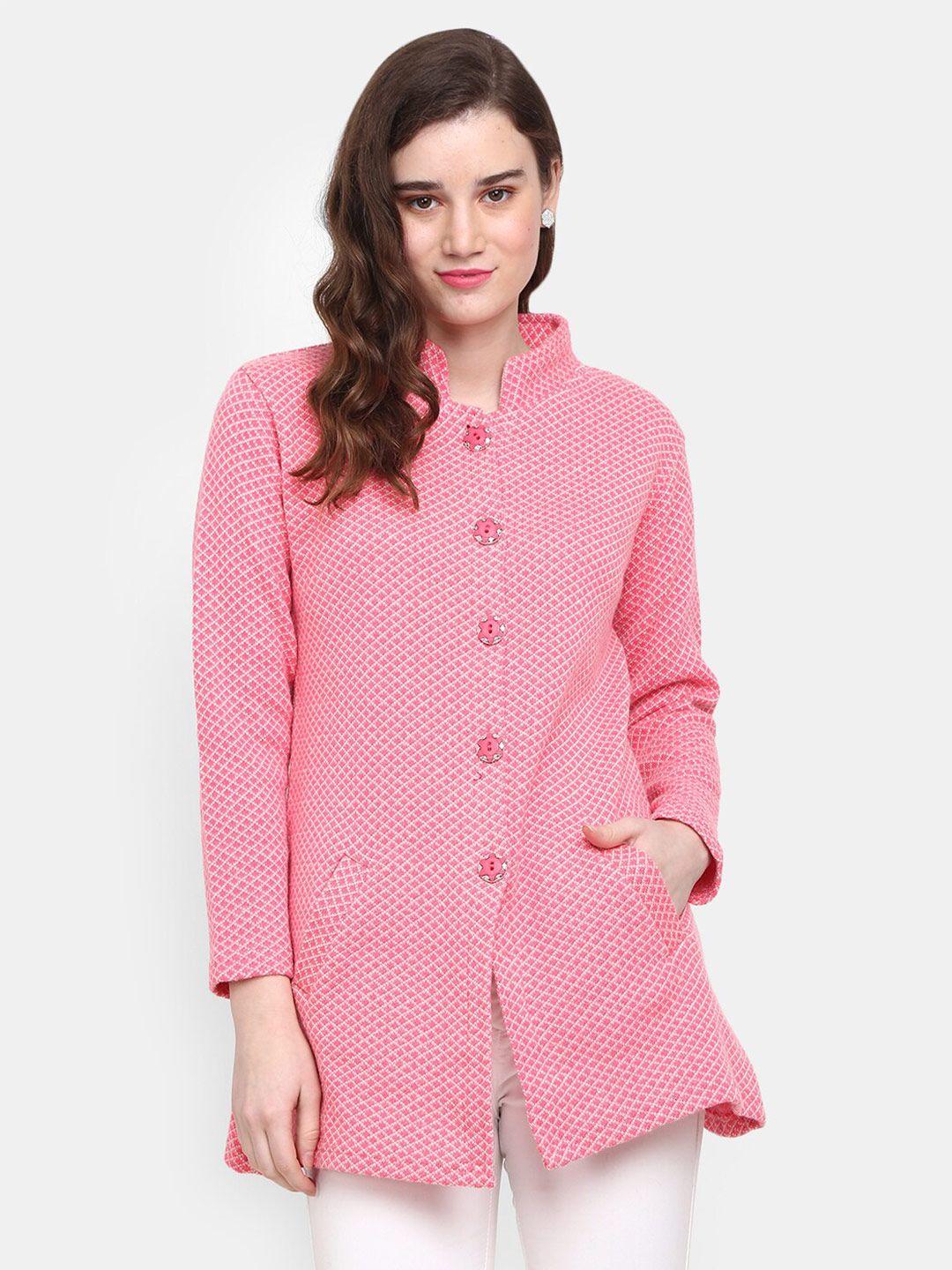v-mart boucle self design mandarin collar longline cardigan sweater