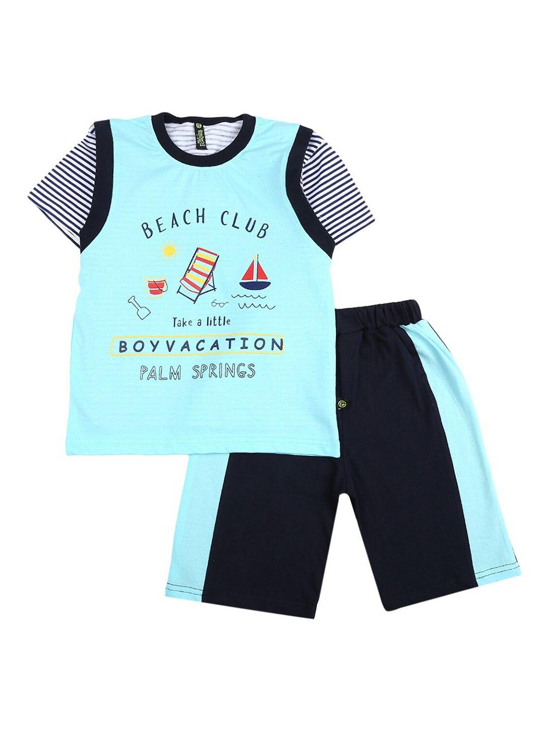 v-mart boys blue & navy blue cotton printed t-shirt with shorts