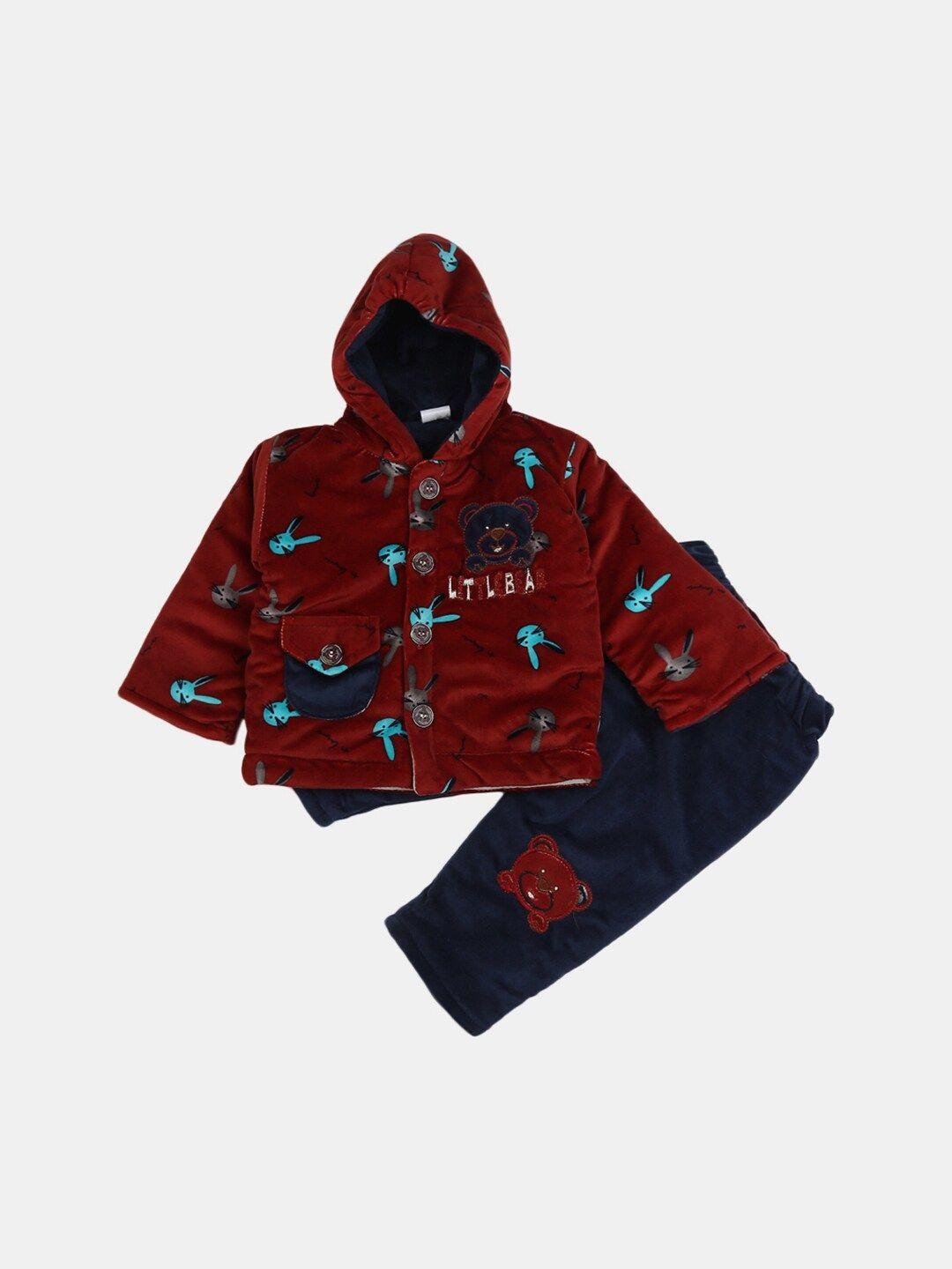 v-mart boys maroon & navy blue printed pure cotton coat with trousers
