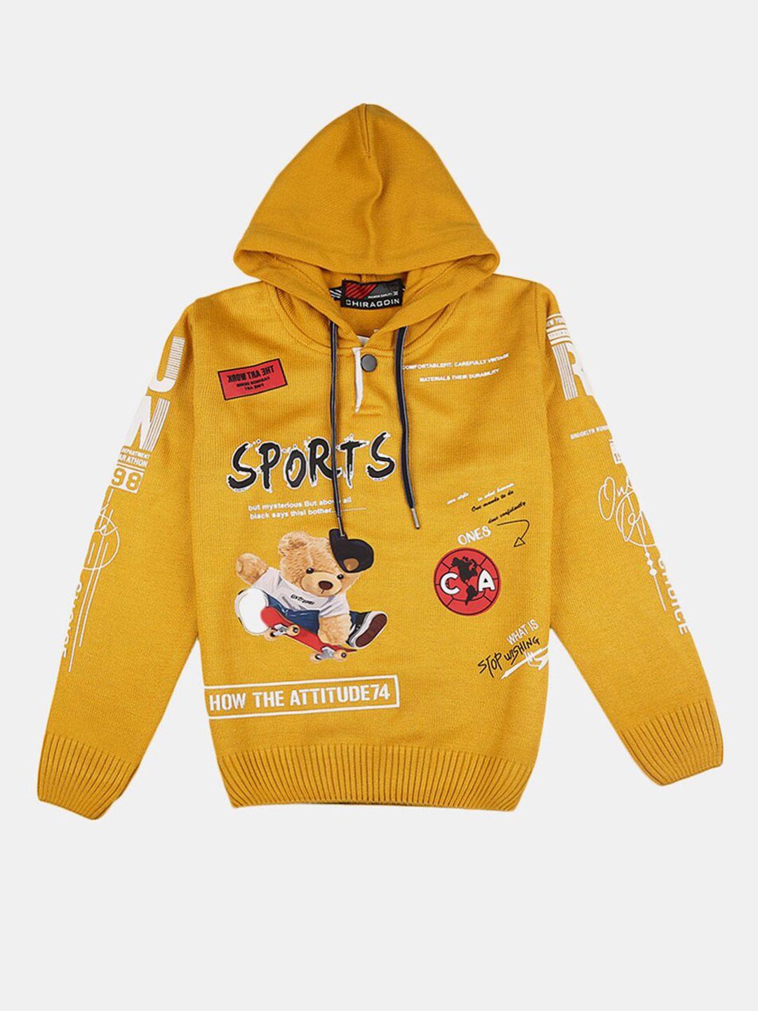 v-mart boys mustard & black typography printed hooded cotton sweater
