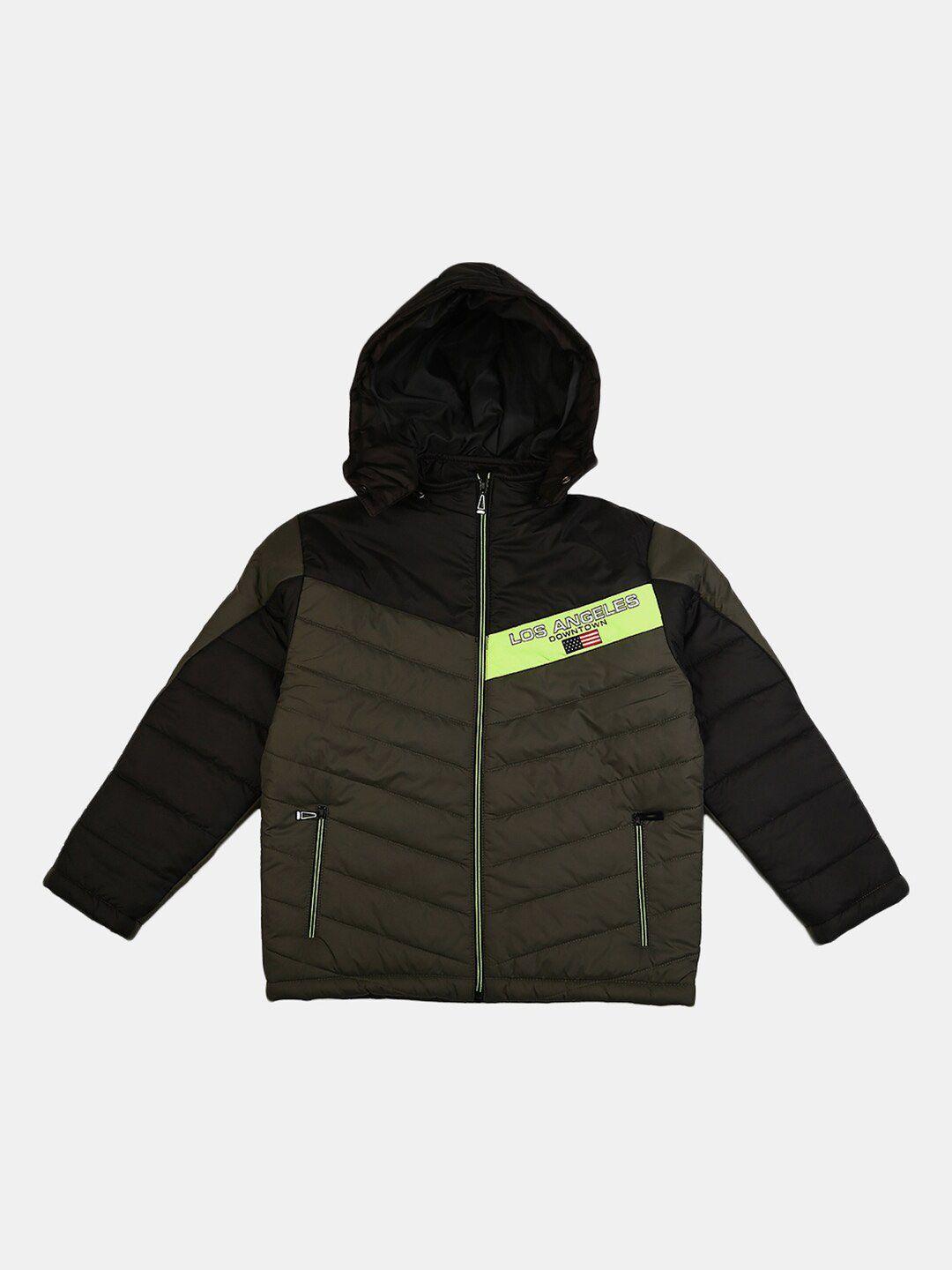 v-mart boys olive green & black colourblocked hooded padded jacket