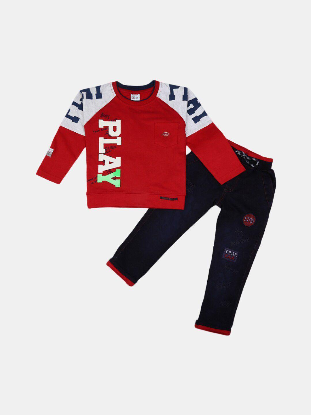 v-mart boys red & navy blue printed pure cotton t-shirt with pyjama