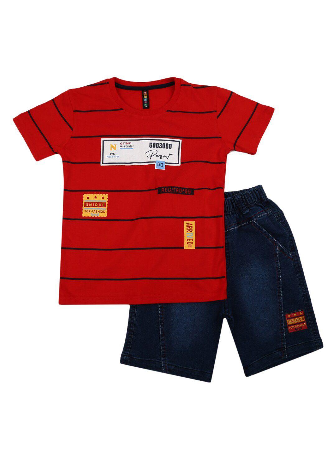 v-mart boys red & navy blue striped pure cotton t-shirt with shorts