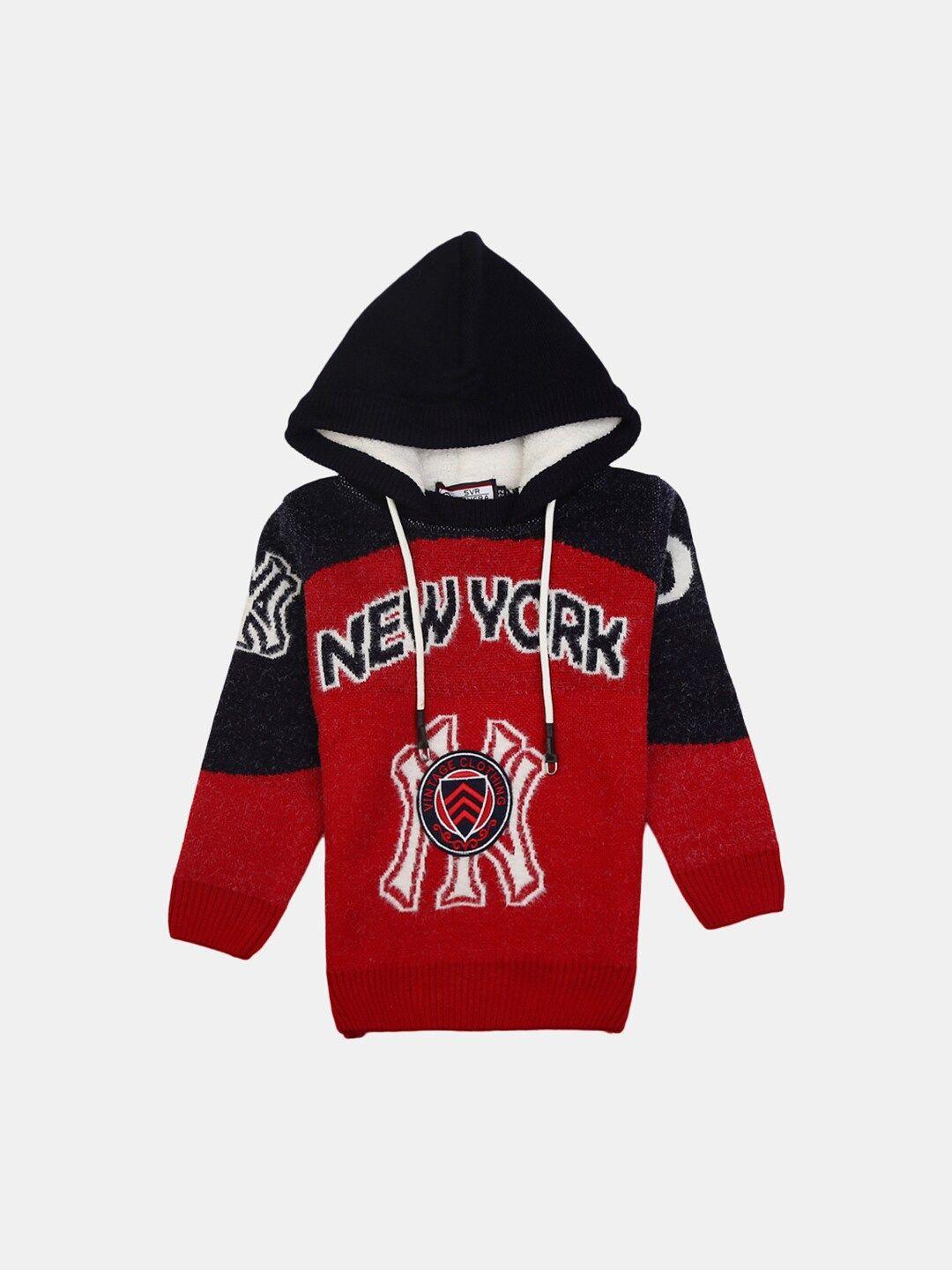 v-mart boys red & navy blue typography printed hooded cotton sweater