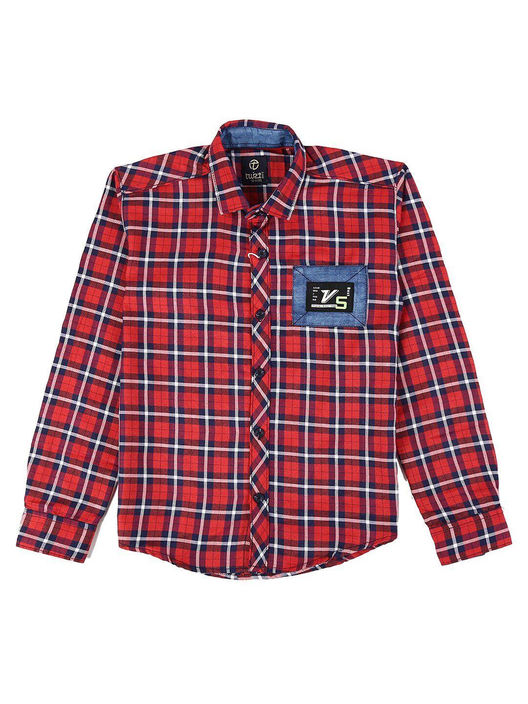 v-mart boys red & white standard checked cotton casual shirt