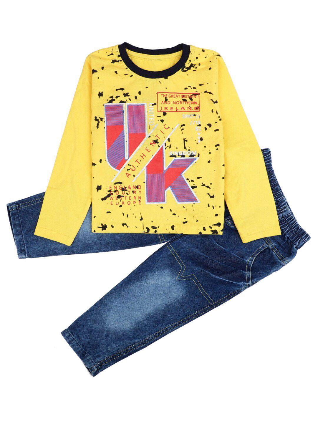 v-mart boys yellow & blue printed t-shirt with jeans