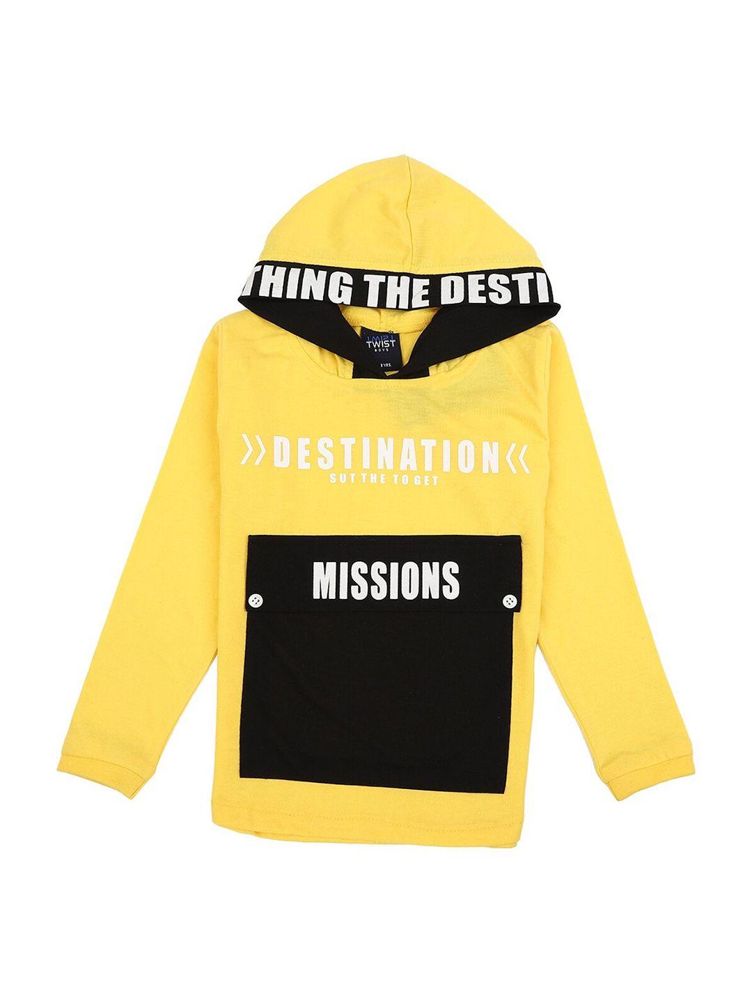 v-mart boys yellow typography printed cotton hooded t-shirt