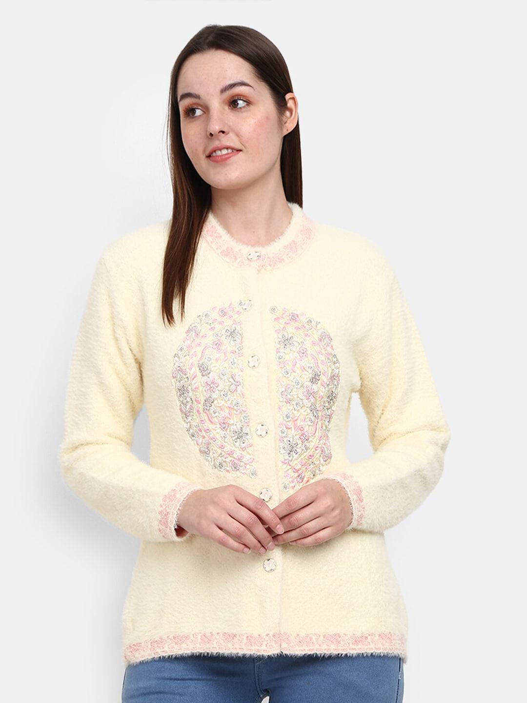 v-mart floral embroidered round neck cotton cardigan