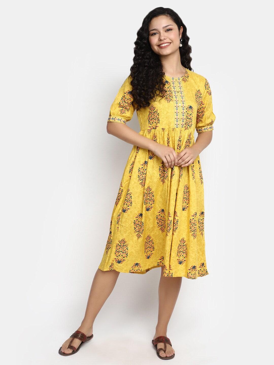 v-mart floral printed puff sleeves gathered a-line dress