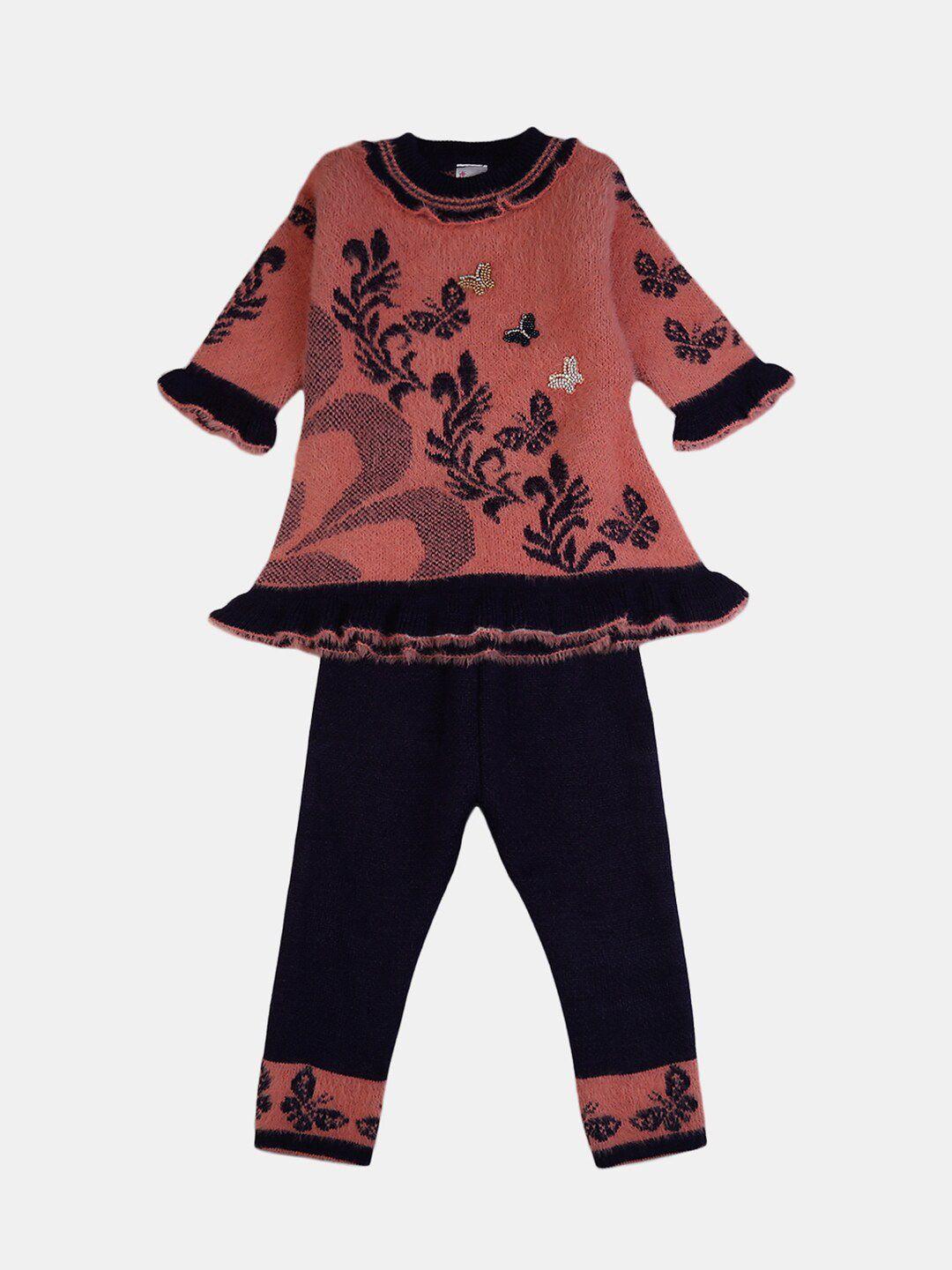 v-mart girls brown & black printed pure cotton top with pyjamas