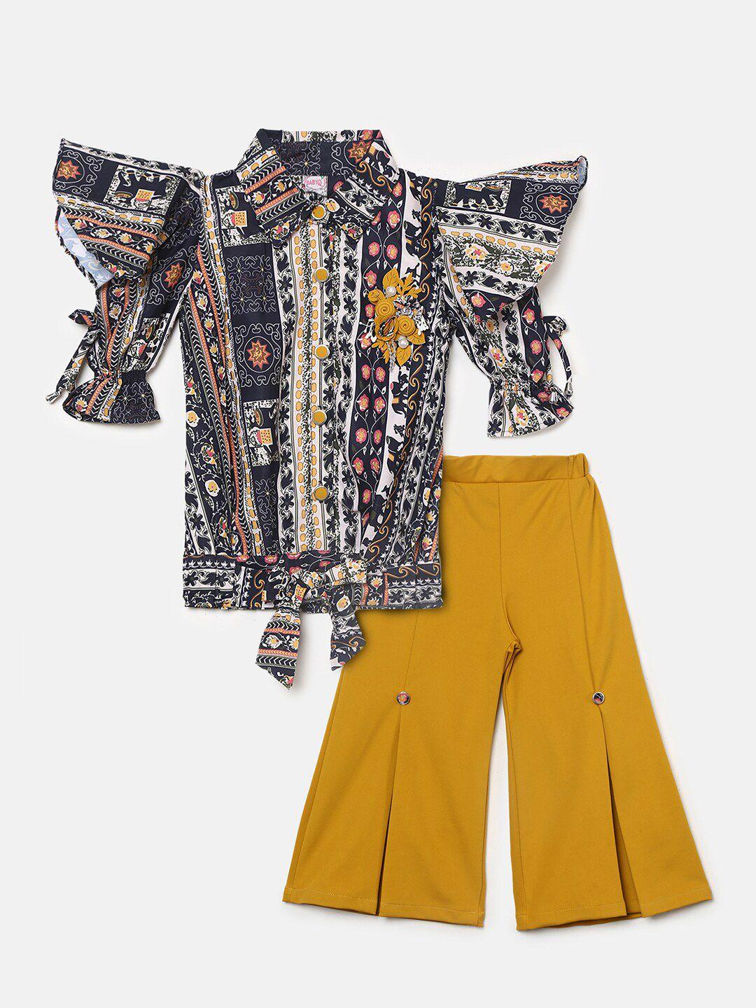 v-mart-girls-mustard-&-black-printed-pure-cotton-top-with-pyjamas