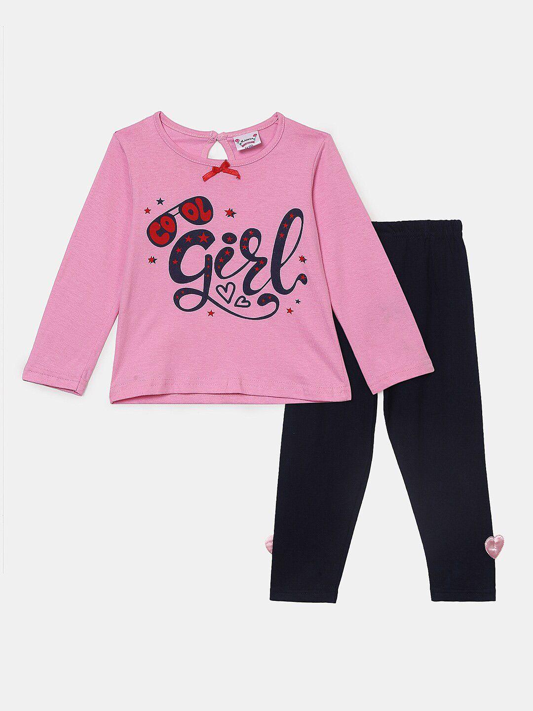 v-mart girls pink & black printed pure cotton top with pyjamas