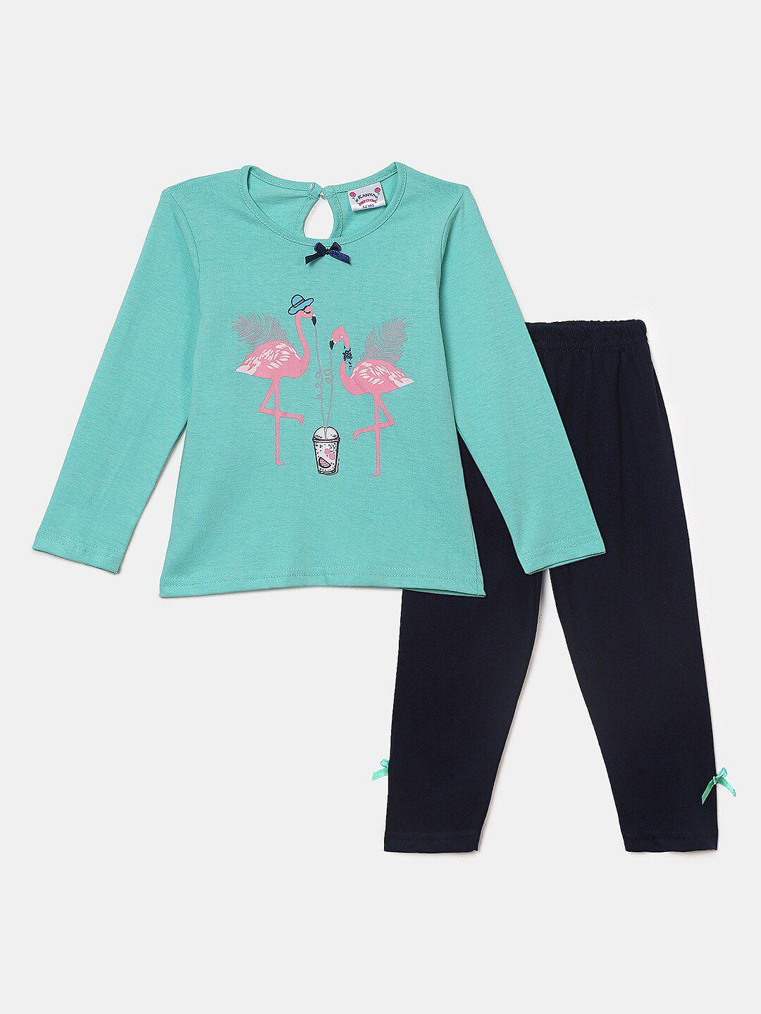 v-mart girls sea green & black printed pure cotton top with pyjamas