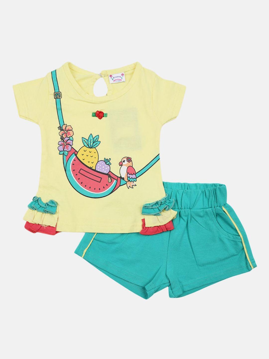 v-mart-girls-yellow-&-green-printed-pure-cotton-t-shirt-with-shorts