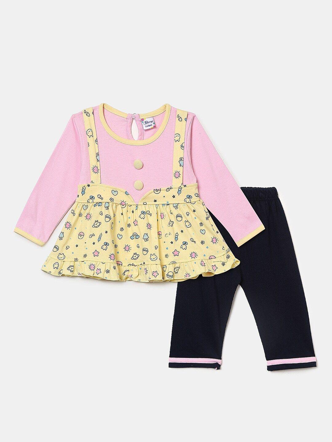 v-mart girls yellow & pink printed pure cotton top with pyjamas