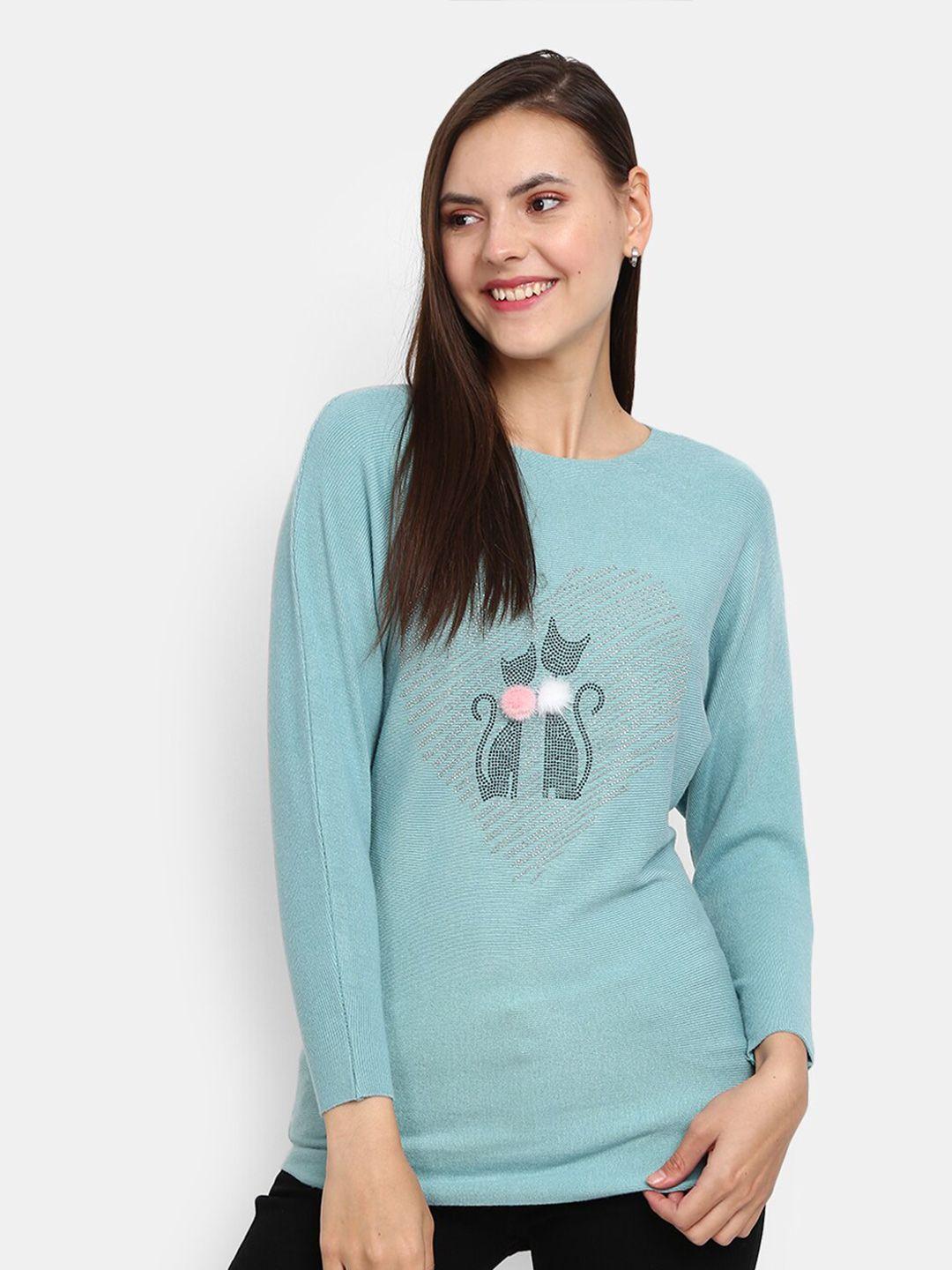 v-mart graphic printed round neck cotton  pullover sweaters with embellished detail