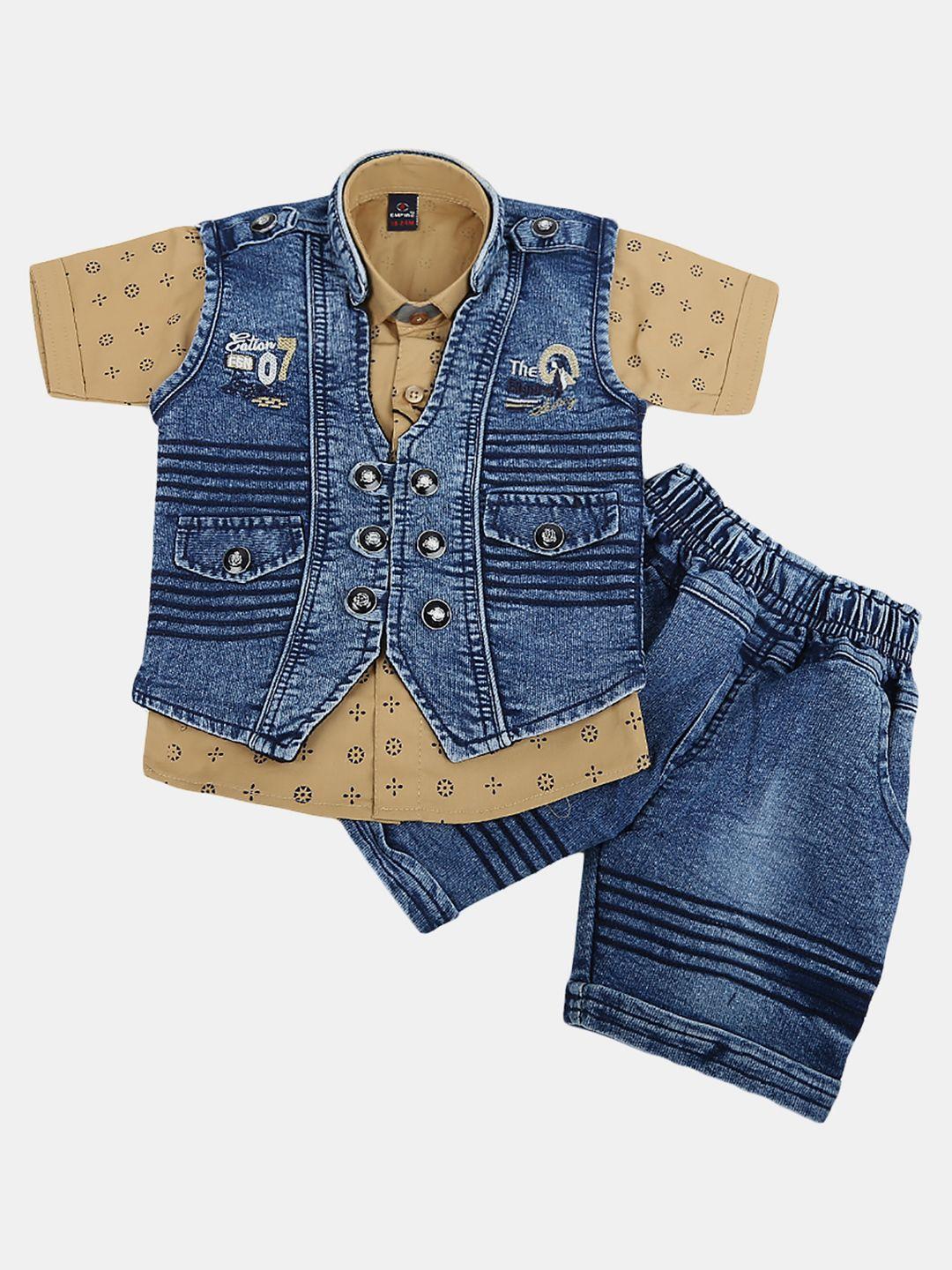 v-mart infant boys printed pure cotton shirt & shorts with waistcoat