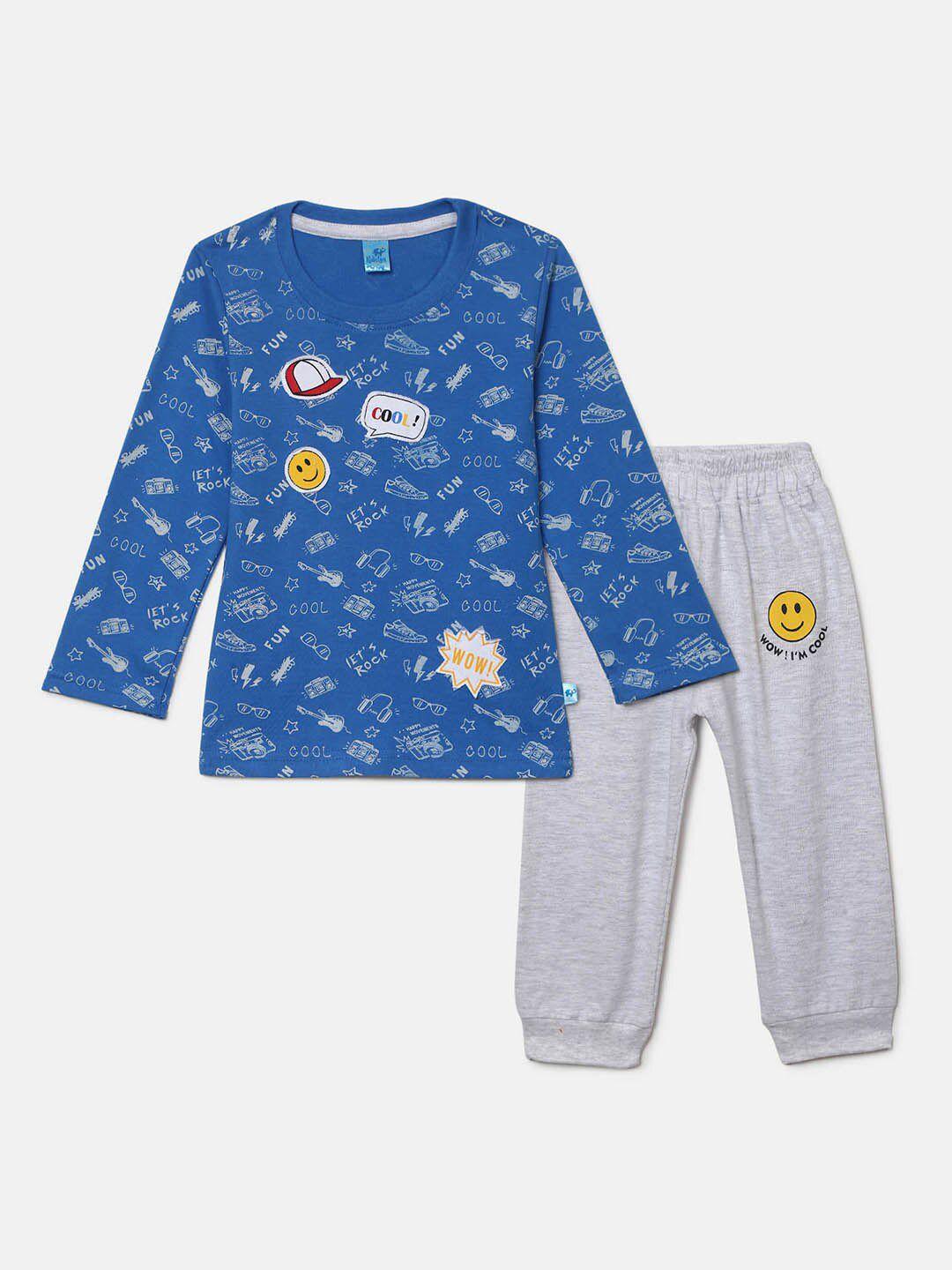 v-mart kids blue & grey printed pure cotton t-shirt with pyjama