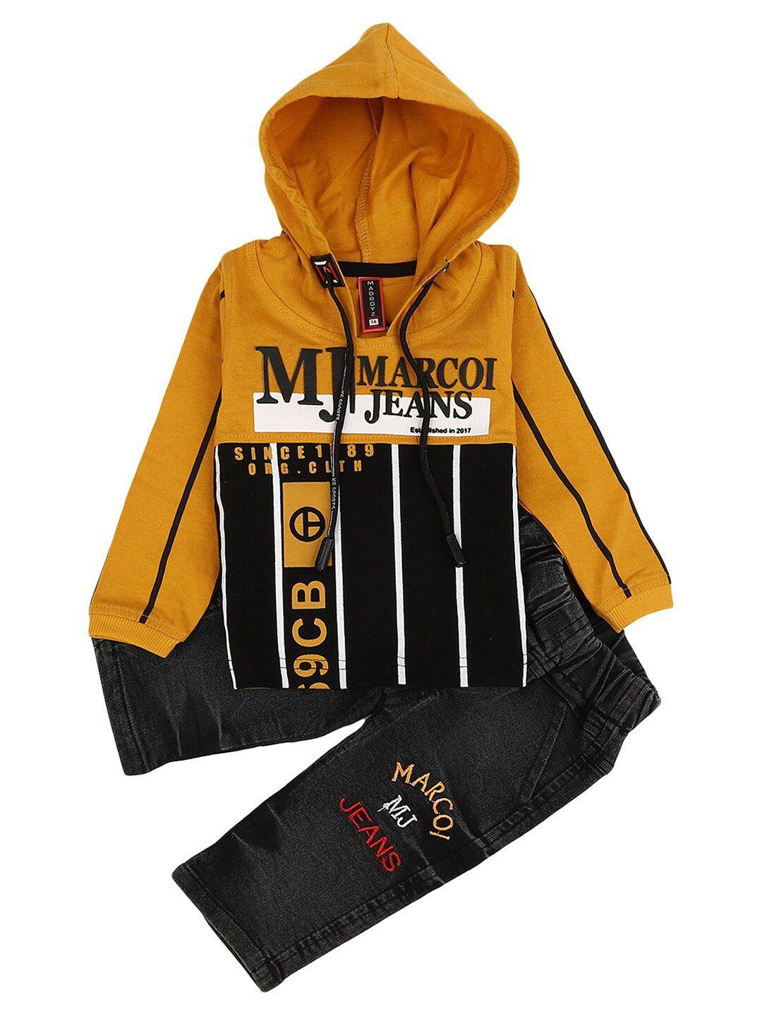 v-mart kids mustard & black printed pure cotton hooded t-shirt with trousers