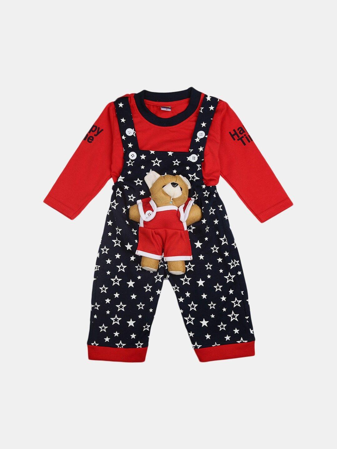 v-mart kids navy blue & red printed cotton t-shirt with dungarees