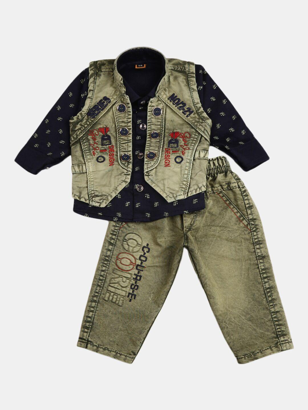 v-mart kids olive green & navy blue printed shirt with trousers