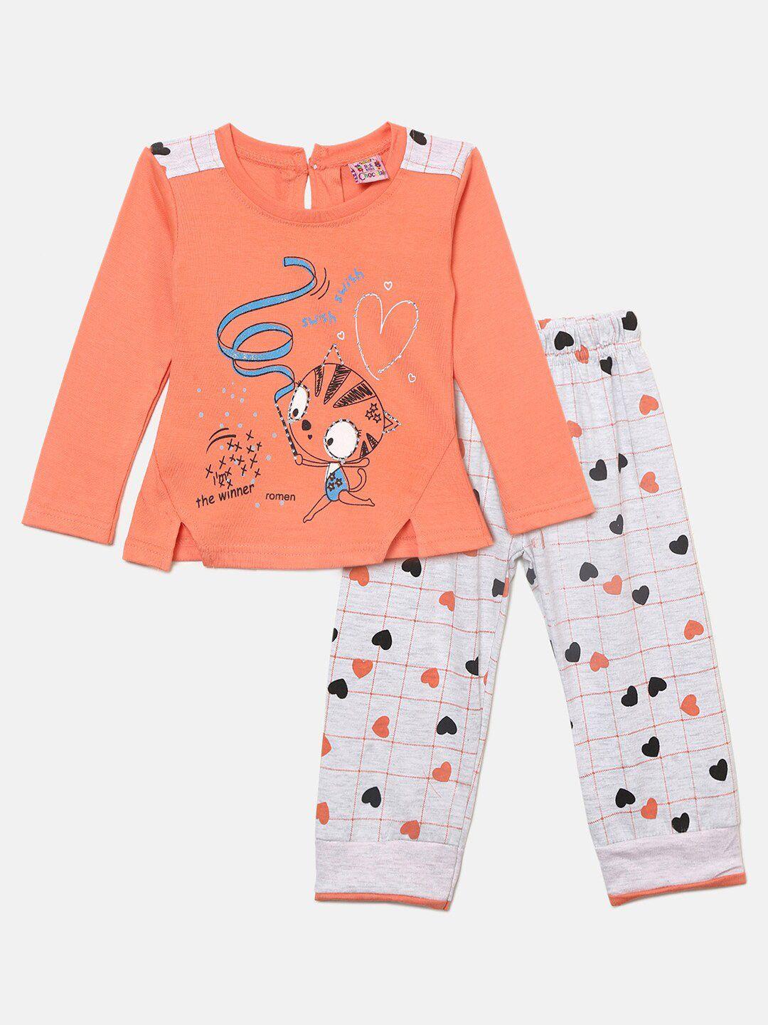 v-mart kids peach-coloured & white printed pure cotton top with pyjama