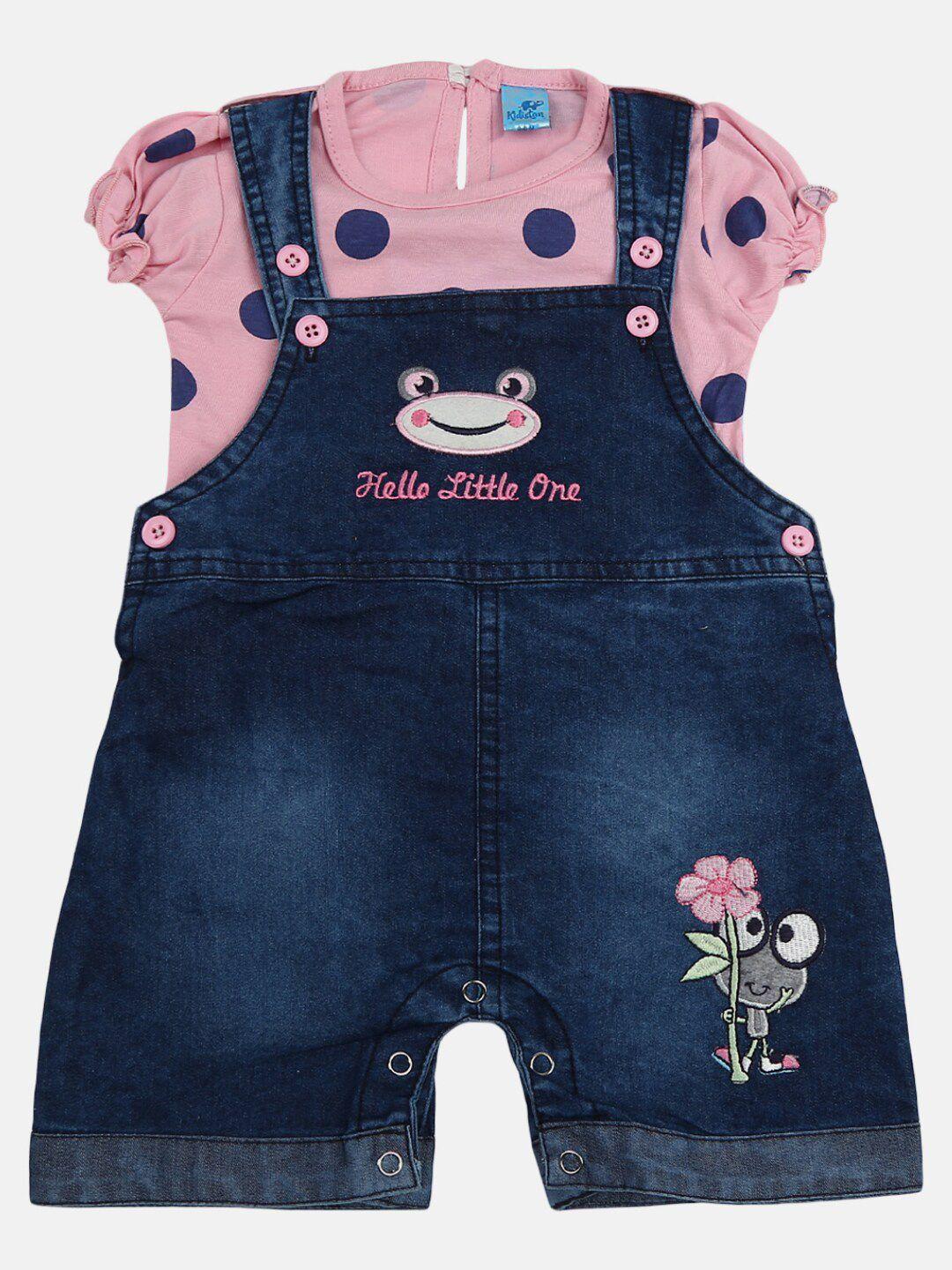 v-mart kids pink & navy blue printed pure cotton t-shirt with dungaree