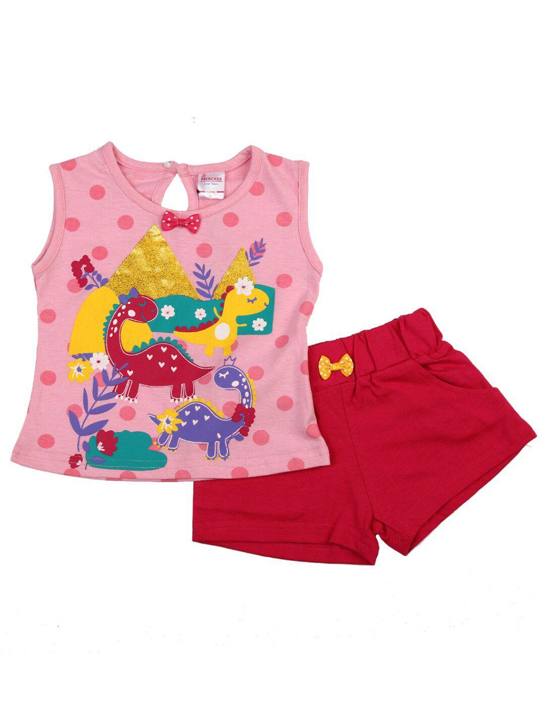 v-mart kids pink & red printed pure cotton t-shirt with shorts