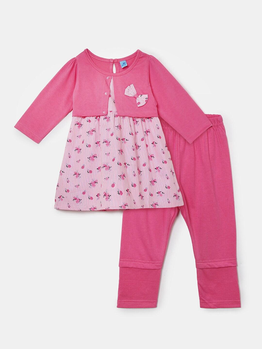 v-mart kids pink & white printed pure cotton top with pyjamas