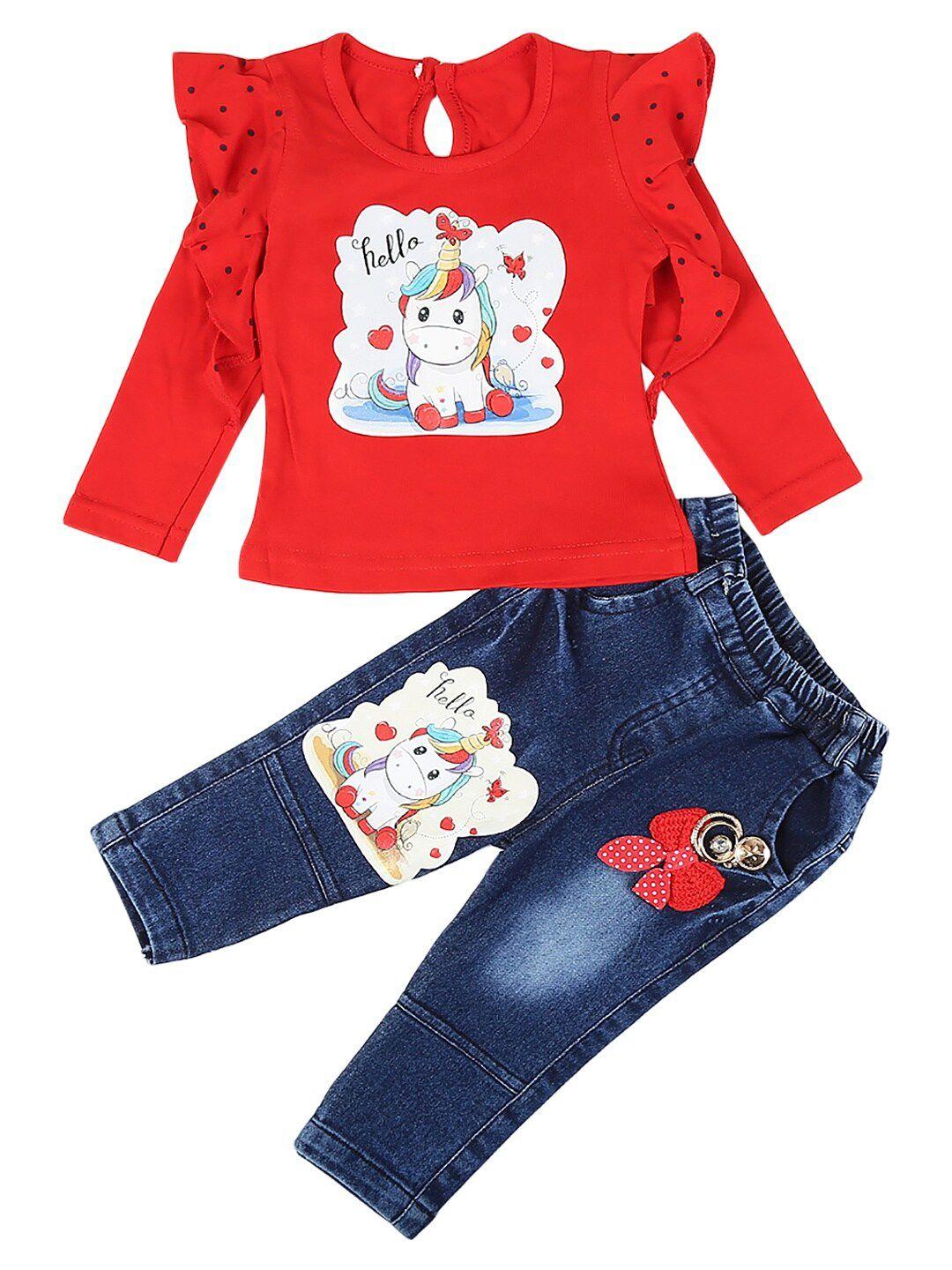 v-mart kids red & blue printed cotton top with trousers