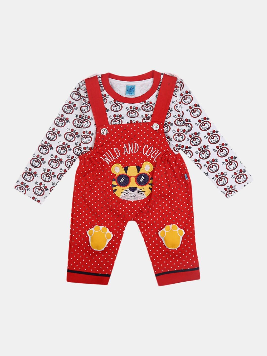 v-mart kids red & white printed pure cotton t-shirt with dungarees
