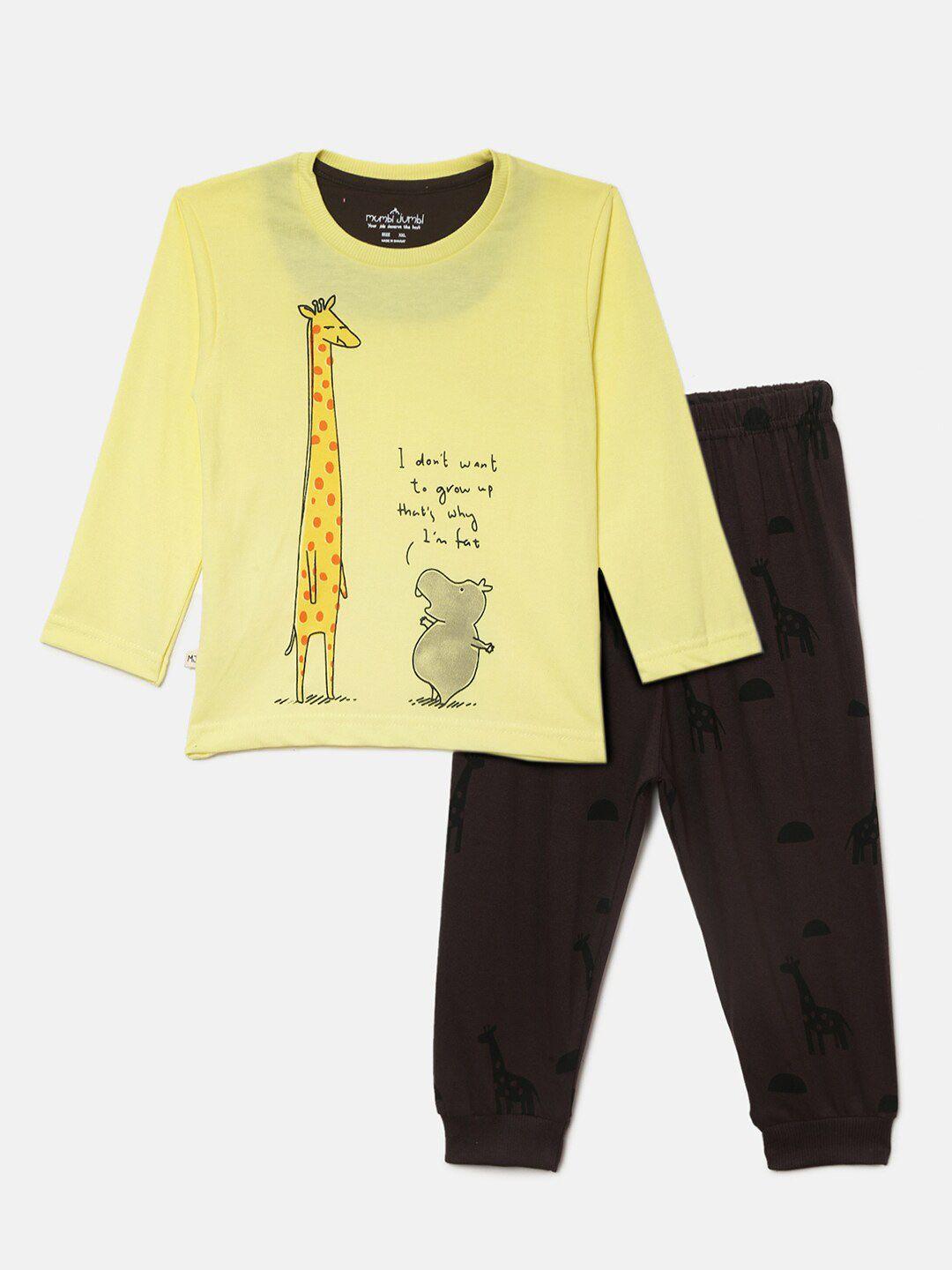 v-mart kids yellow & coffee brown printed pure cotton t-shirt with pyjama