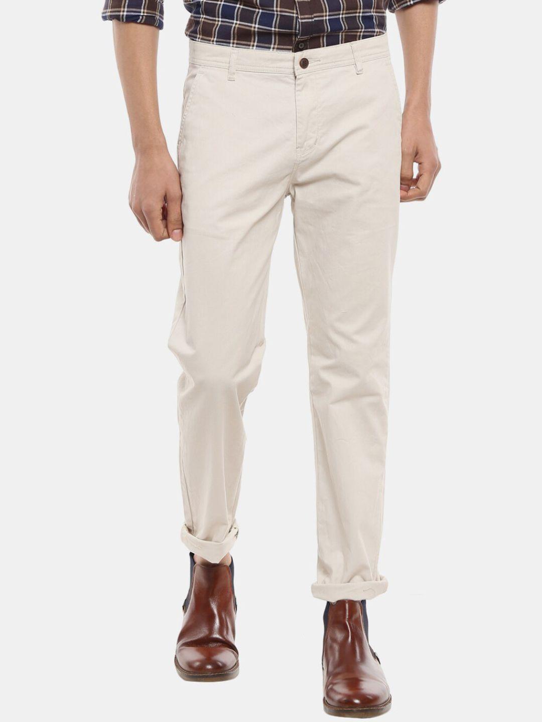 v-mart men beige mid rise slim fit cotton trousers