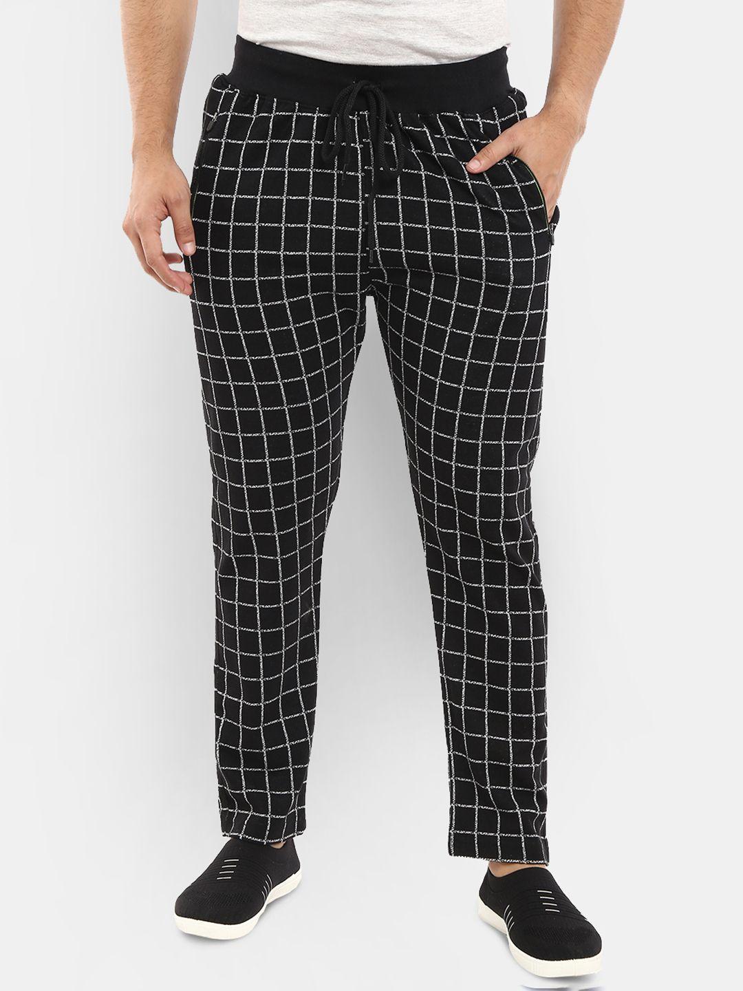 v-mart men black & white checked jacquard regular fit cotton track pants