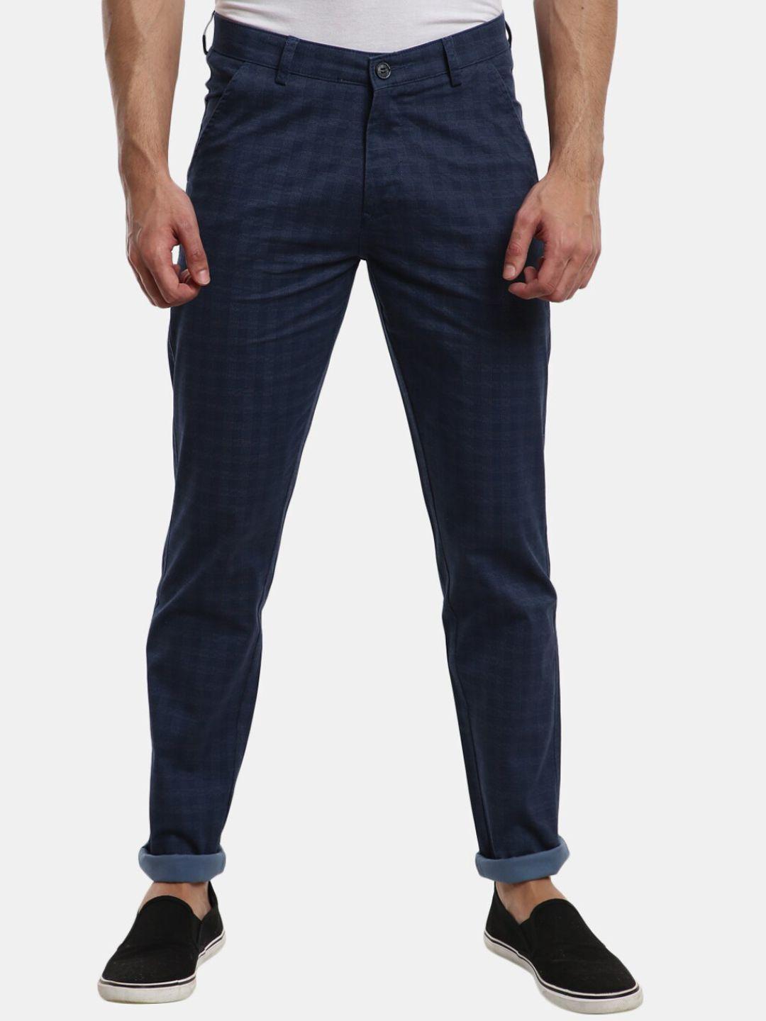 v-mart men blue checked classic slim fit trousers