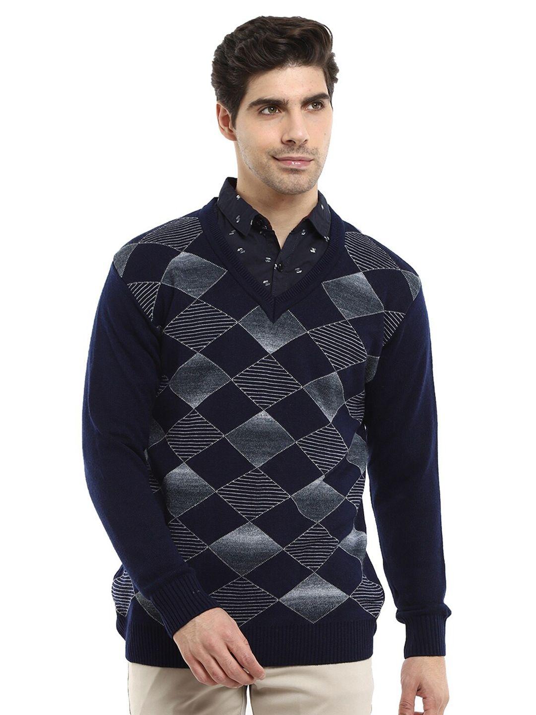 v-mart men grey self design print cotton sweaters