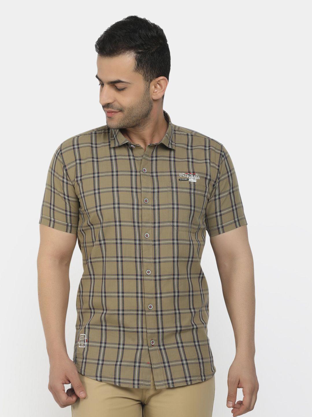 v-mart men khaki classic slim fit tartan checks checked twill cotton casual shirt