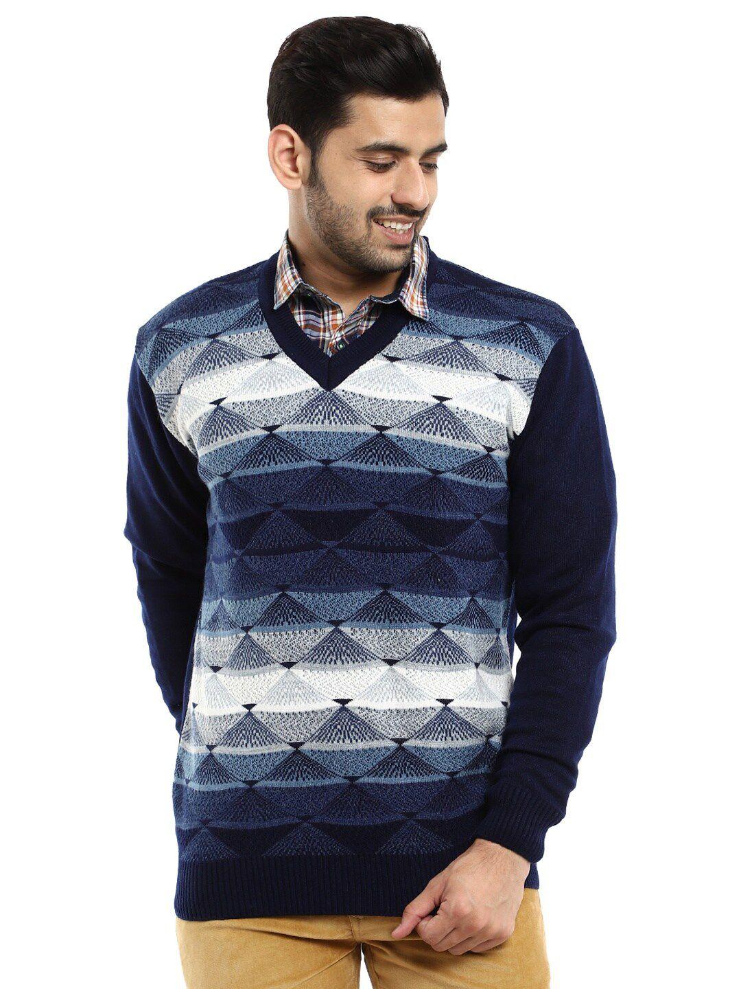 v-mart men navy blue & white printed pullover