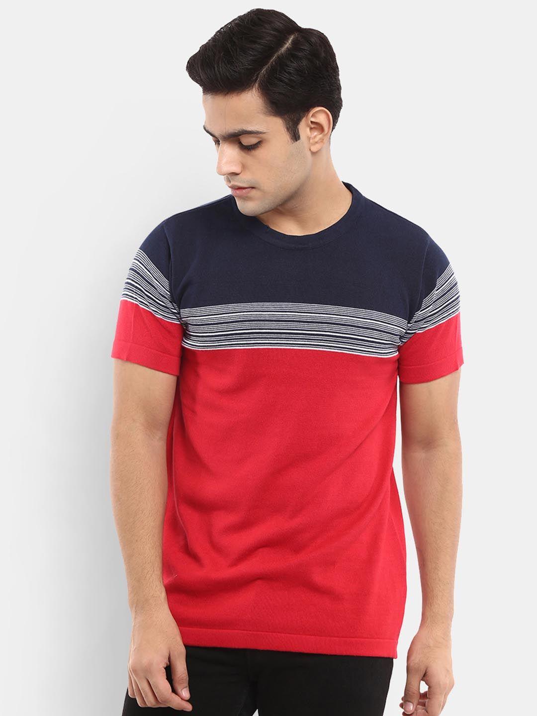v-mart men red & navy blue colourblocked slim fit t-shirt