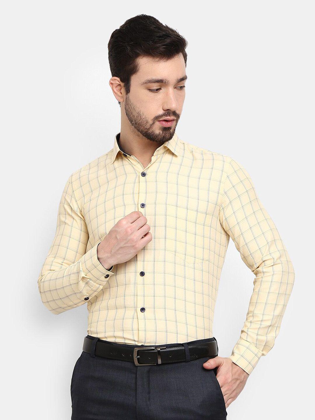 v-mart men yellow grid tattersall check regular fit cotton formal shirt