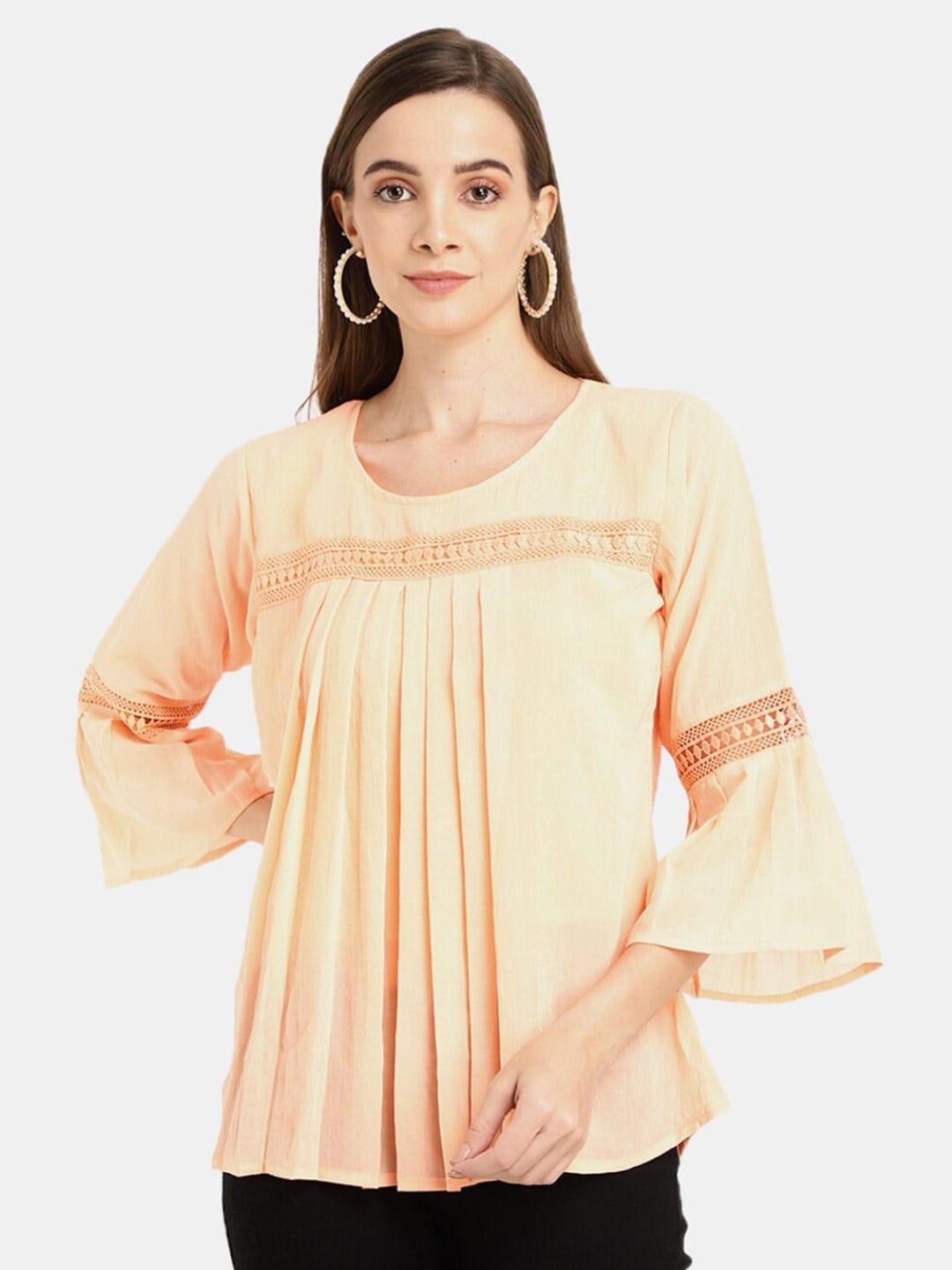 v-mart peach-coloured solid lace inserted georgette a-line top