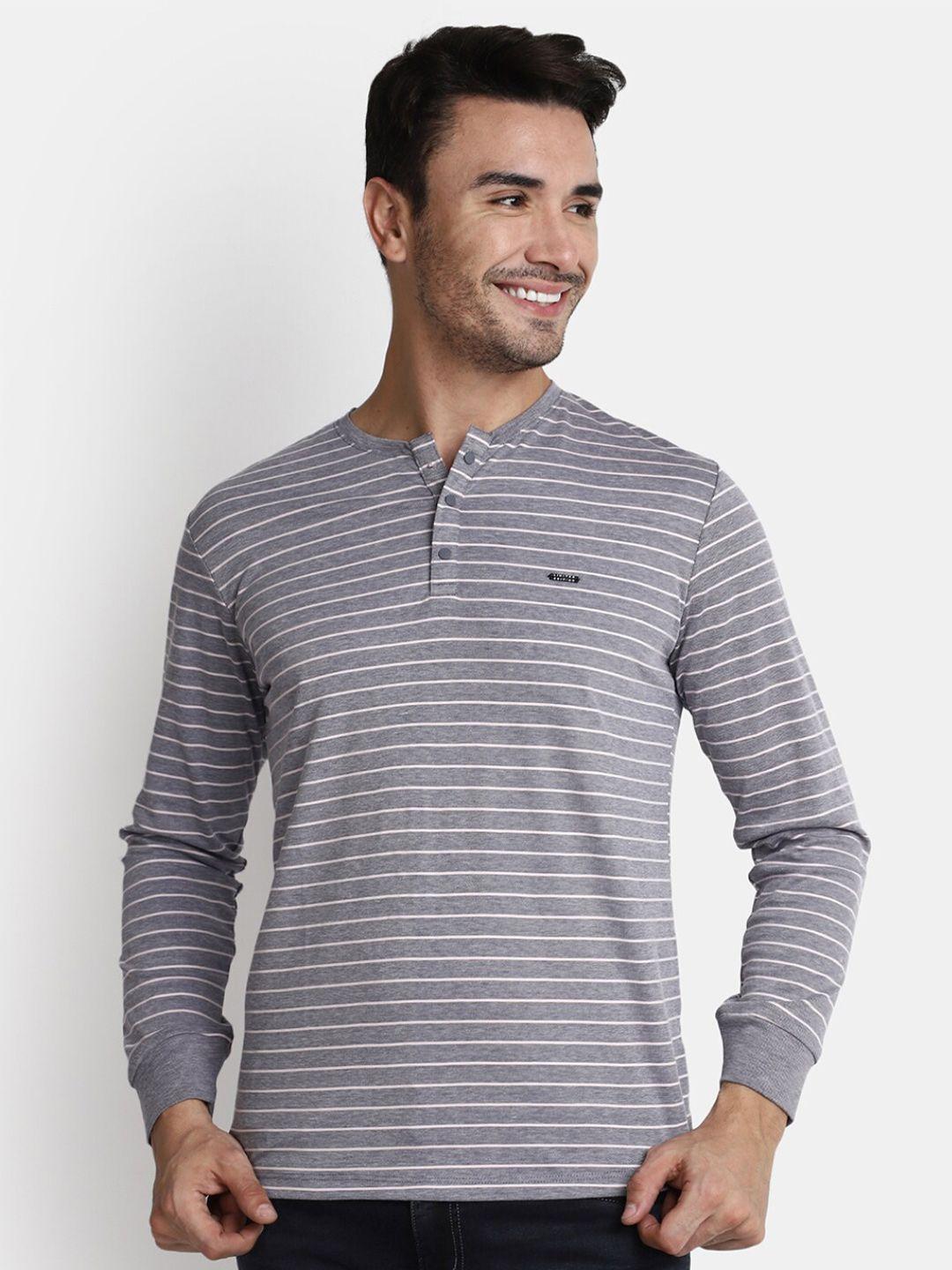 v-mart striped henley-neck cotton t-shirt