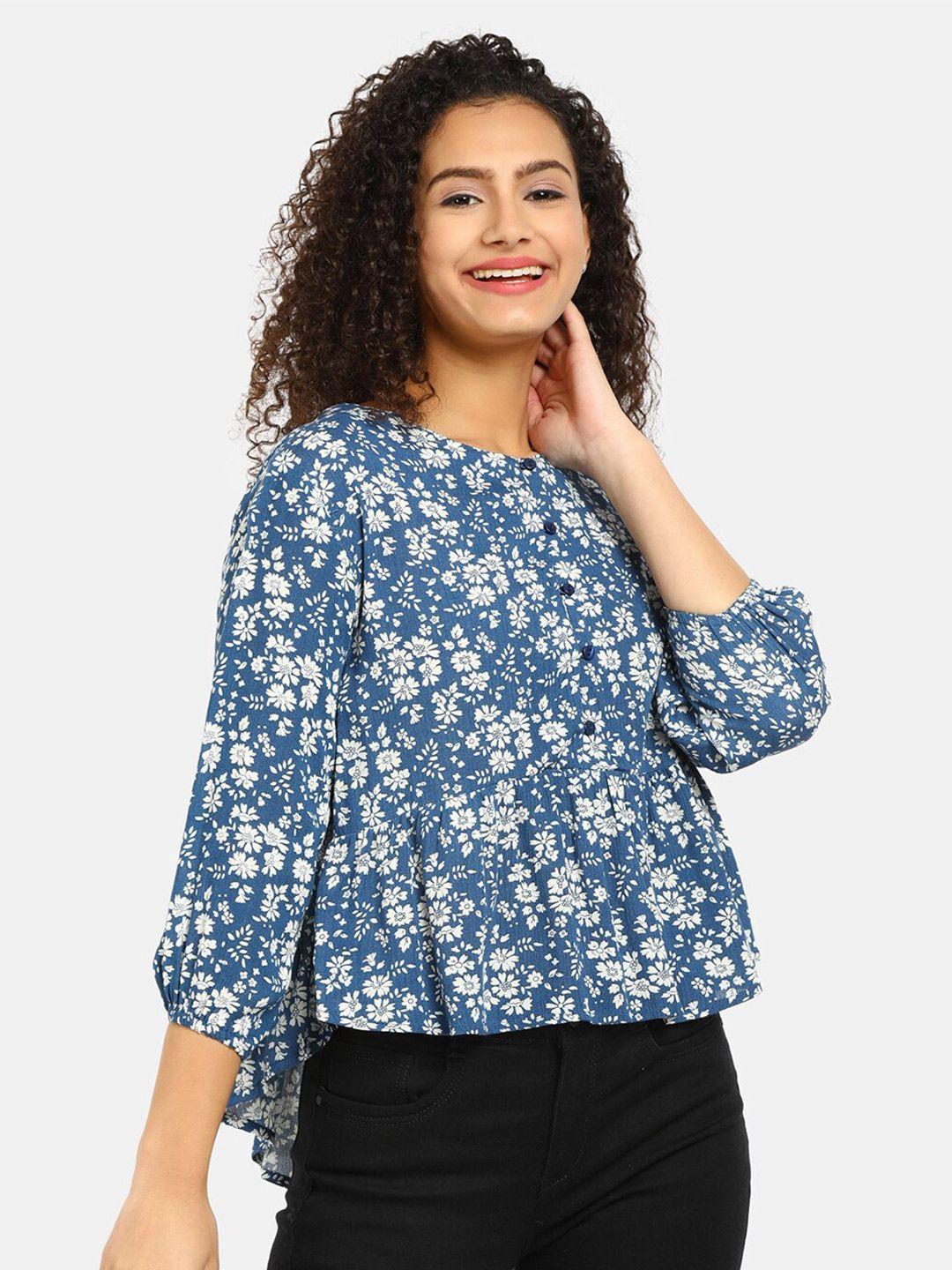 v-mart teal & white pure cotton floral print top