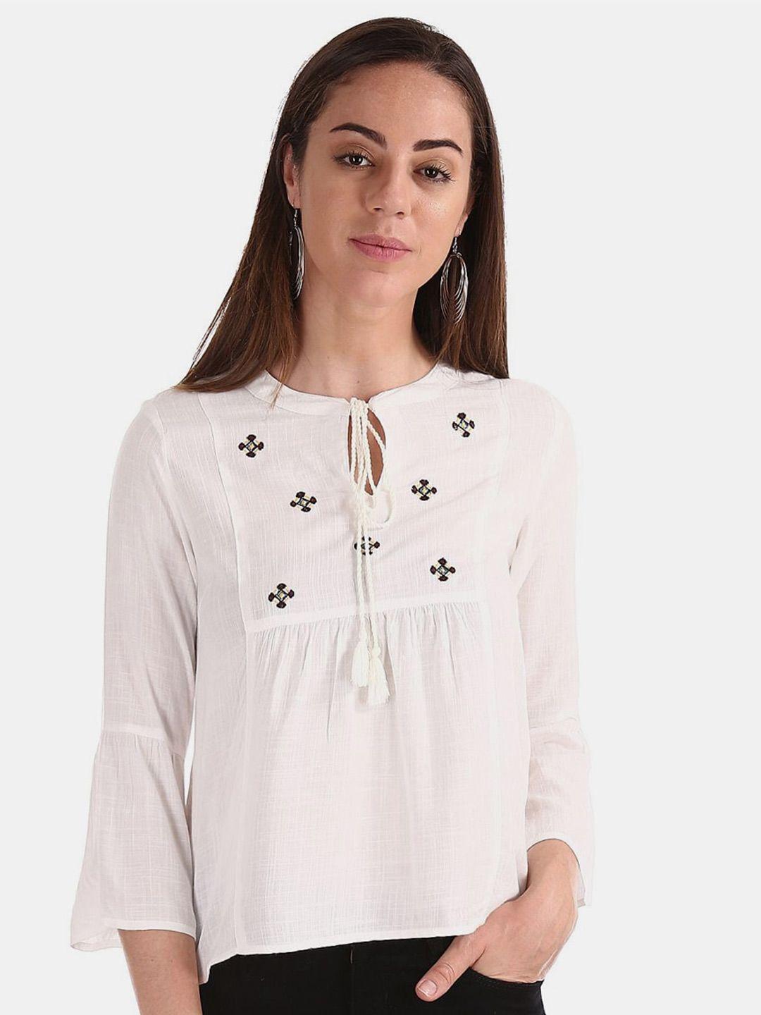 v-mart tie-up neck embroidered cotton top