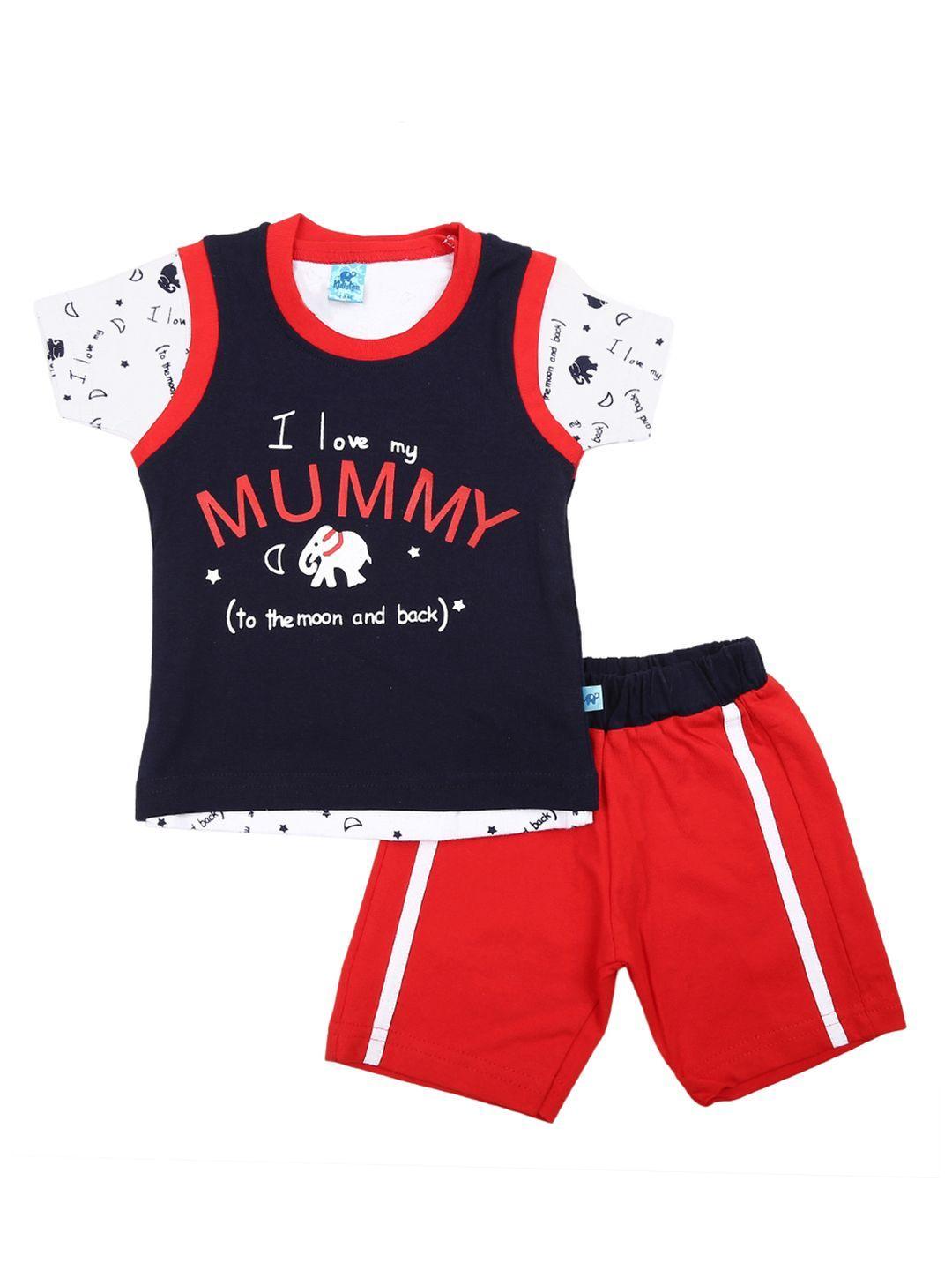 v-mart unisex kids navy blue & red printed pure cotton t-shirt with shorts