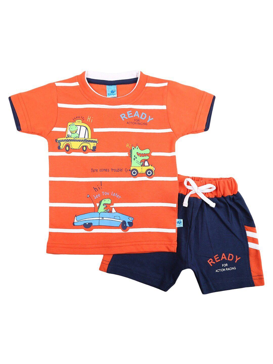 v-mart unisex kids orange & navy blue striped t-shirt and shirt with shorts