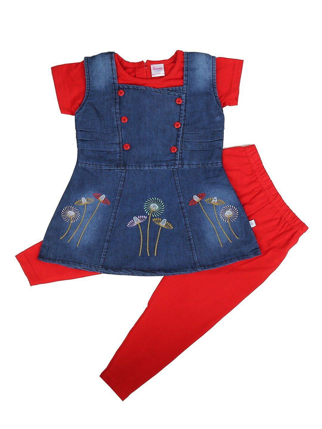 v-mart-unisex-kids-red-&-blue-printed-pure-cotton-top-with-leggings